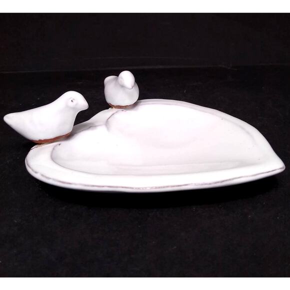 White Glazed Redware Pottery Heart Dove Trinket Dish - Picture 1 of 9